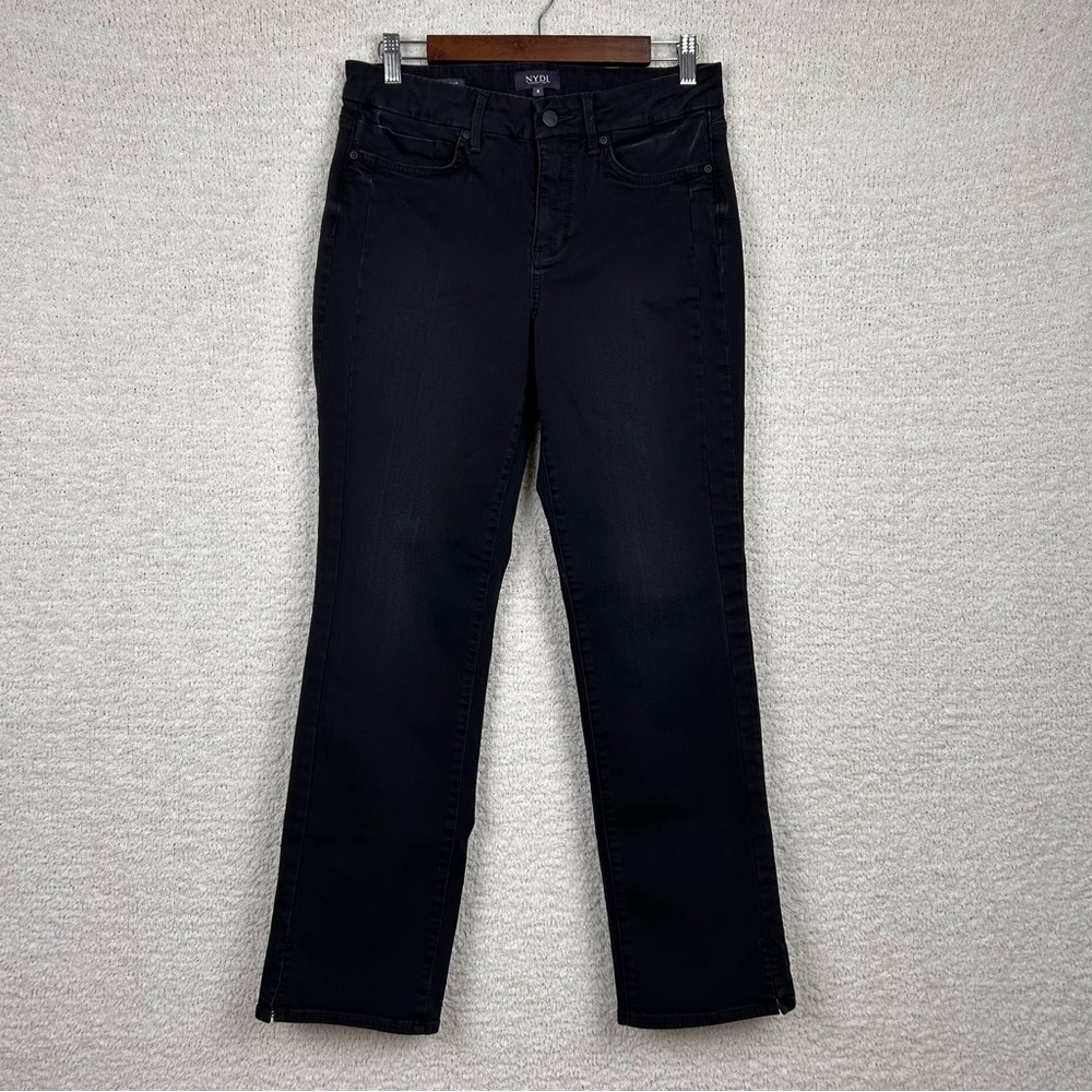 NYDJ Jeans Womens 8 Black Marilyn Straight Sure Stretch Lift Tuck Tech Split Hem